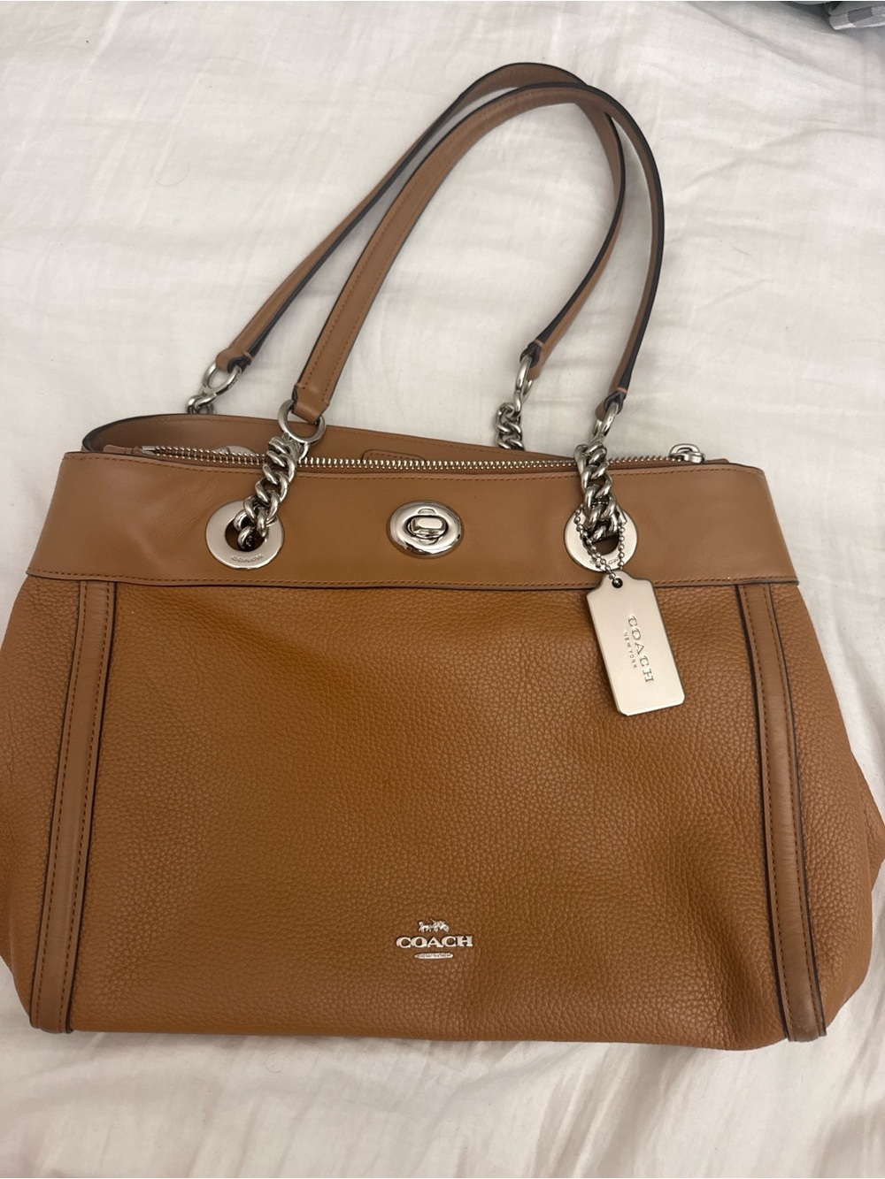 Coach Pebbled Leather Shoulder Tote in Tan